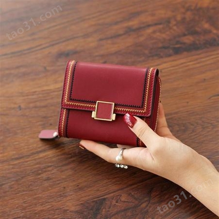 韩版新款牛皮女士钱包短款多卡位皮夹折叠卡包简约大容量易携带