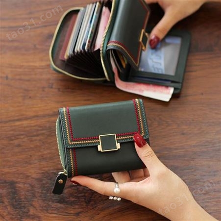 韩版新款牛皮女士钱包短款多卡位皮夹折叠卡包简约大容量易携带